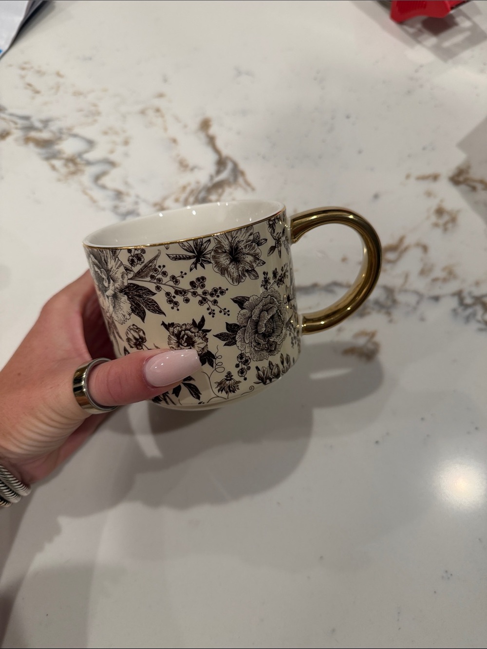 Cream Floral Porcelain Mug with Gold Handle
